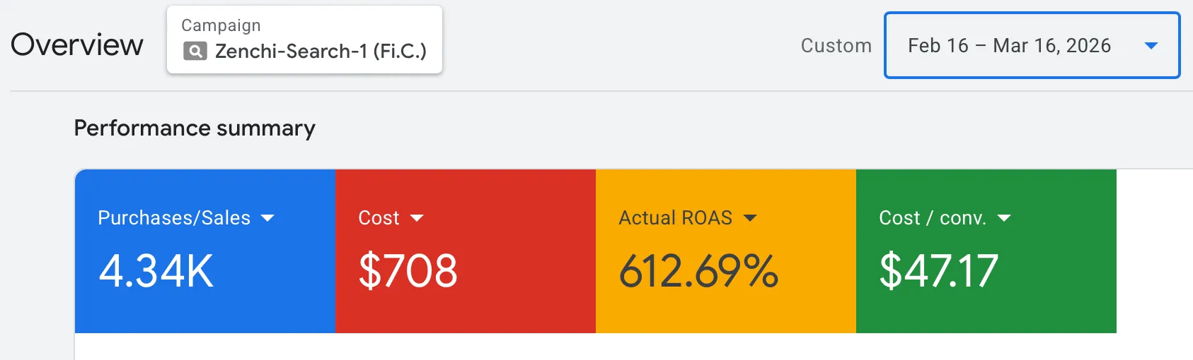 Google Ads performance — first 30 days showing ~6× ROAS stabilization after restructure