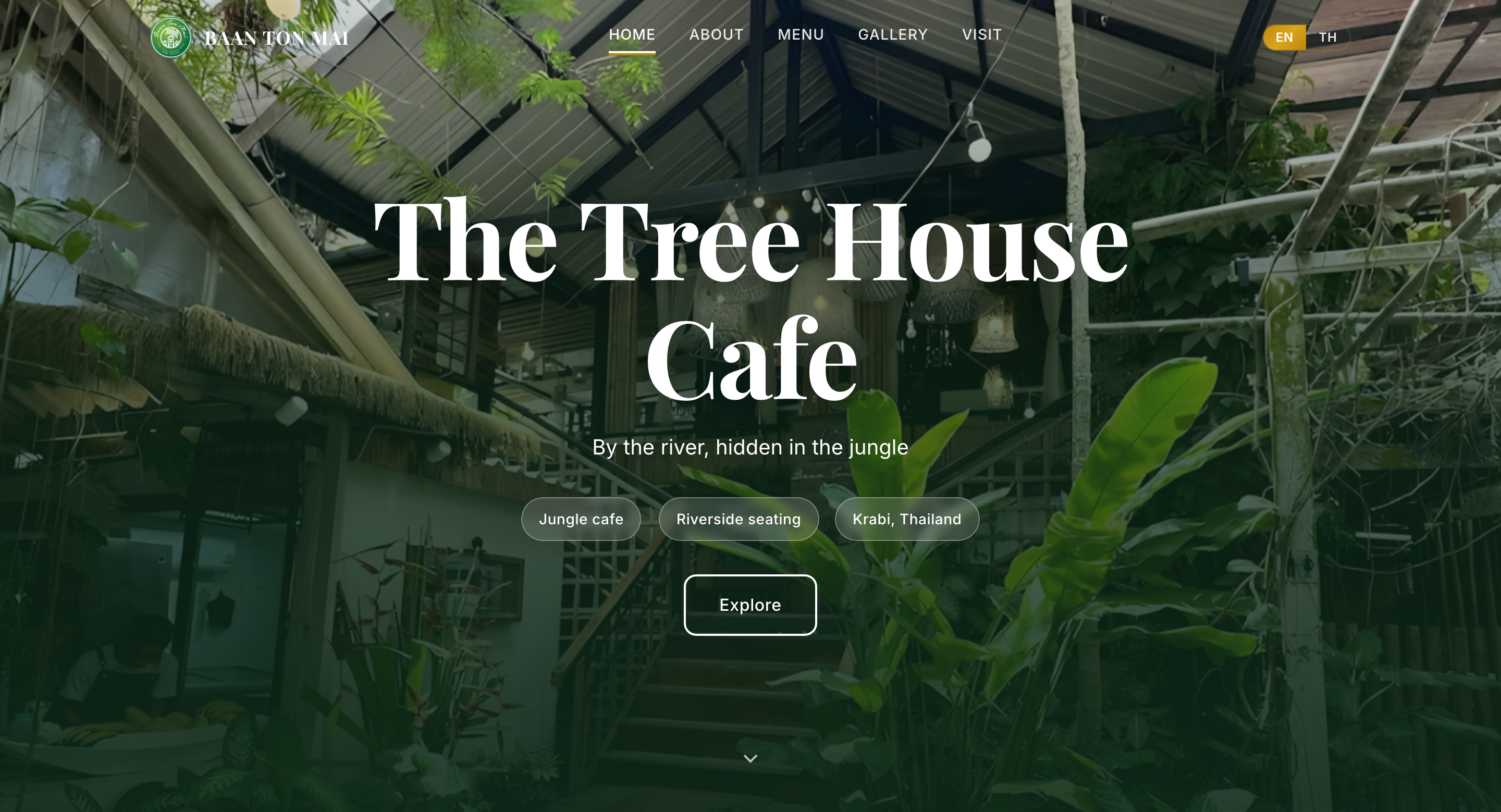 Baan Ton Mai home page, with the treehouse cafe set within a green riverside forest.