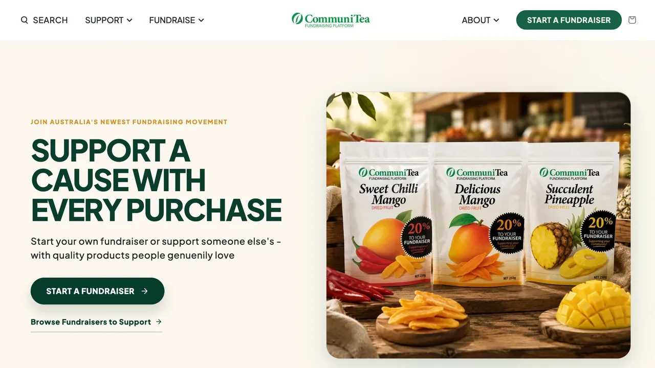 CommuniTea's home page with the headline Support a cause with every purchase, beside three packs of dried fruit, each marked 20% to your fundraiser