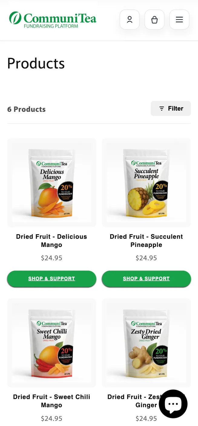 CommuniTea product range — tea and dried fruit