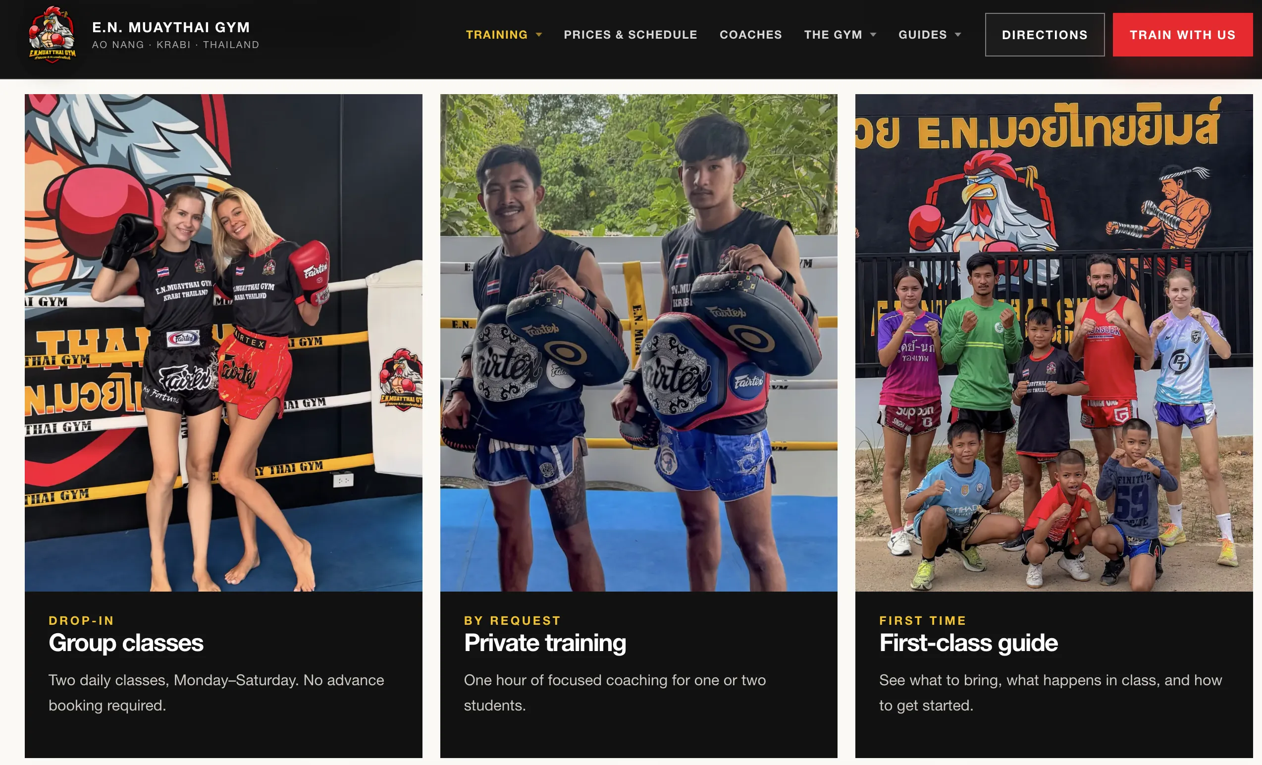 EN Muay Thai's training page. Three cards side by side, each with a photograph from the gym: Group classes, labelled DROP-IN, with two daily classes Monday to Saturday and no advance booking; Private training, labelled BY REQUEST, an hour of focused coaching for one or two students; and First-class guide, labelled FIRST TIME, explaining what to bring and what happens in class.