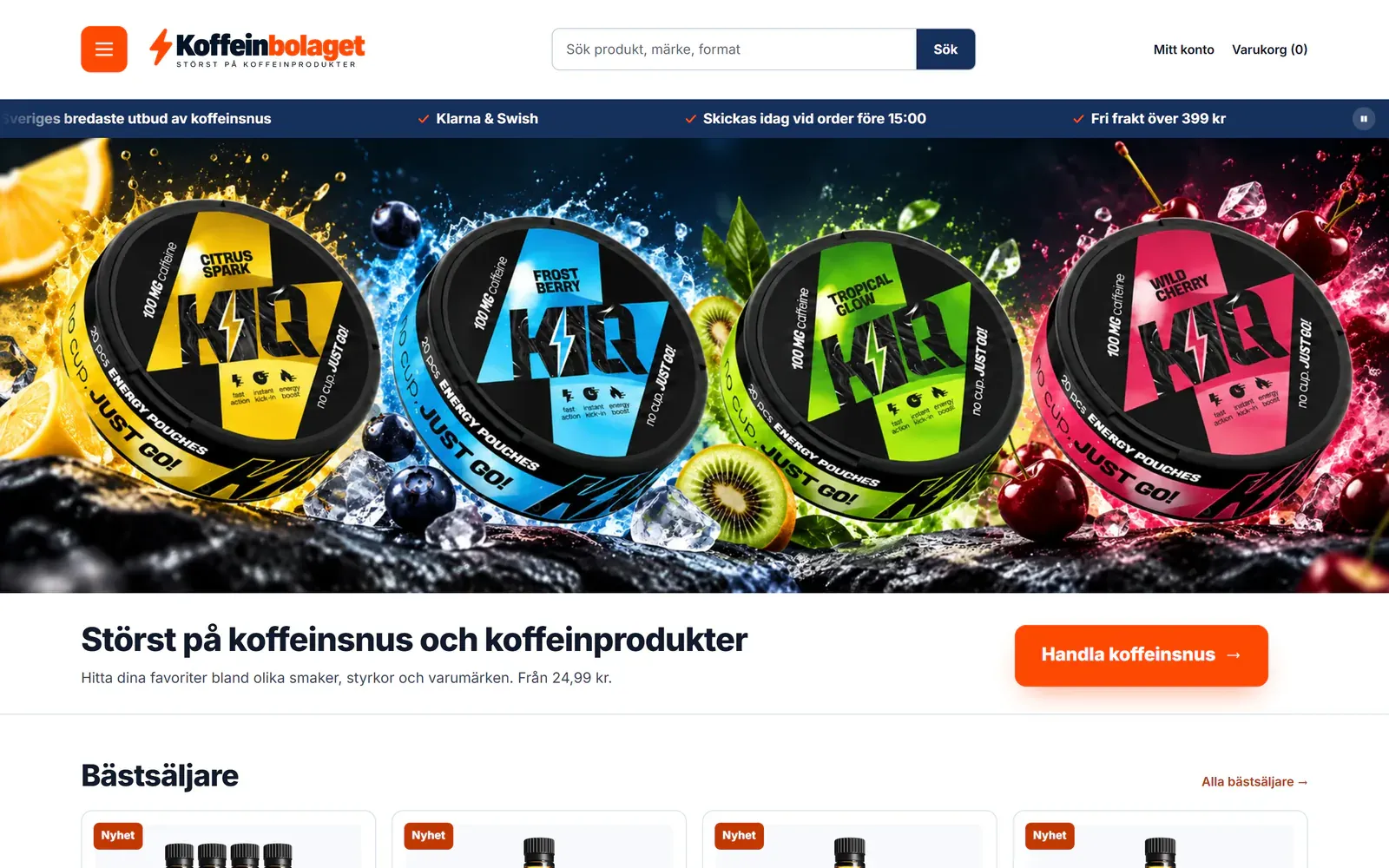 Koffeinbolaget's desktop homepage with its navy and orange header, search field, four KIQ products across the hero and an orange shop button.