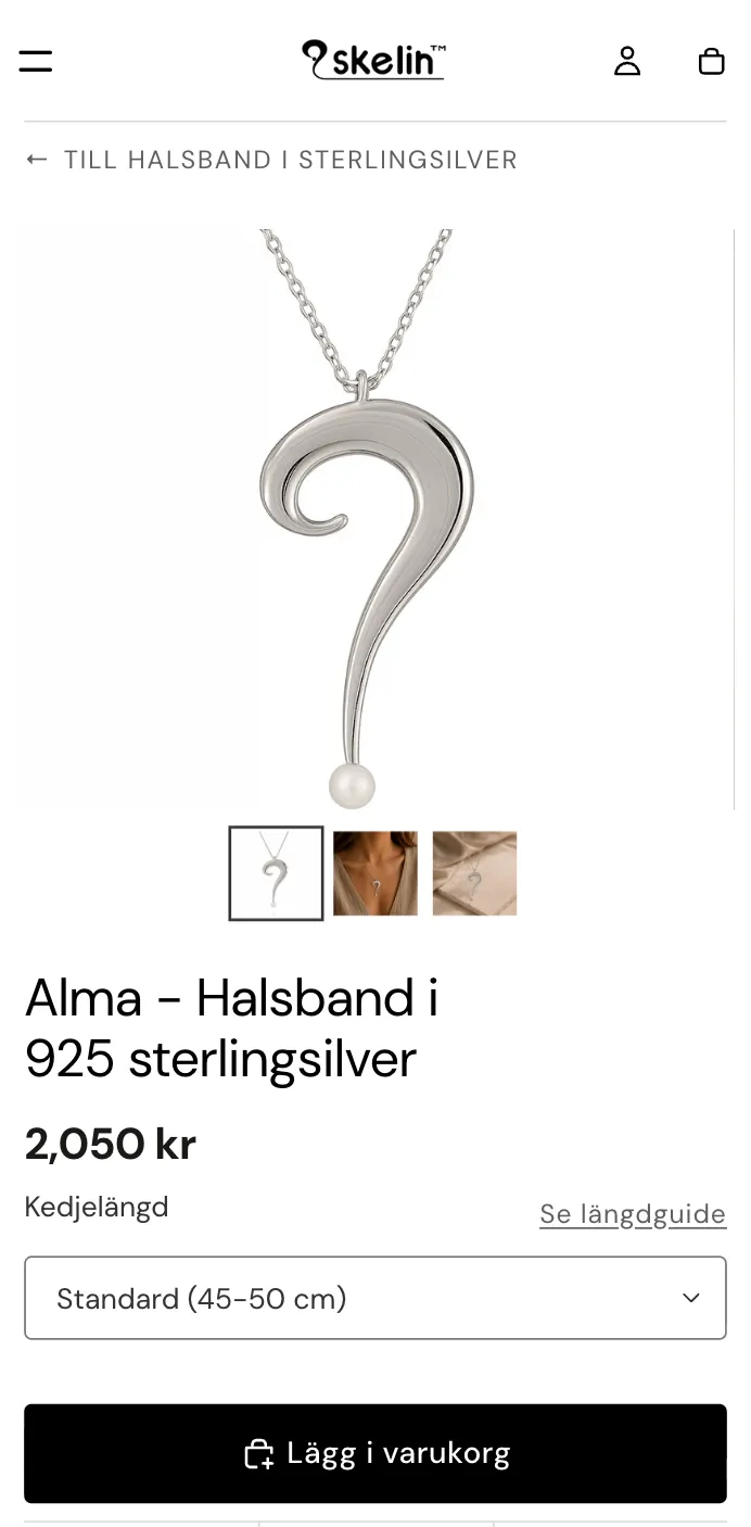 The Skelin product page on a phone. A question-mark pendant with a pearl at its tail fills the gallery, with three thumbnails beneath it. Below: the name Alma – Halsband i 925 sterlingsilver, the price 2 050 kr, a chain-length selector set to Standard 45–50 cm with a link to the length guide, and a black Lägg i varukorg button.