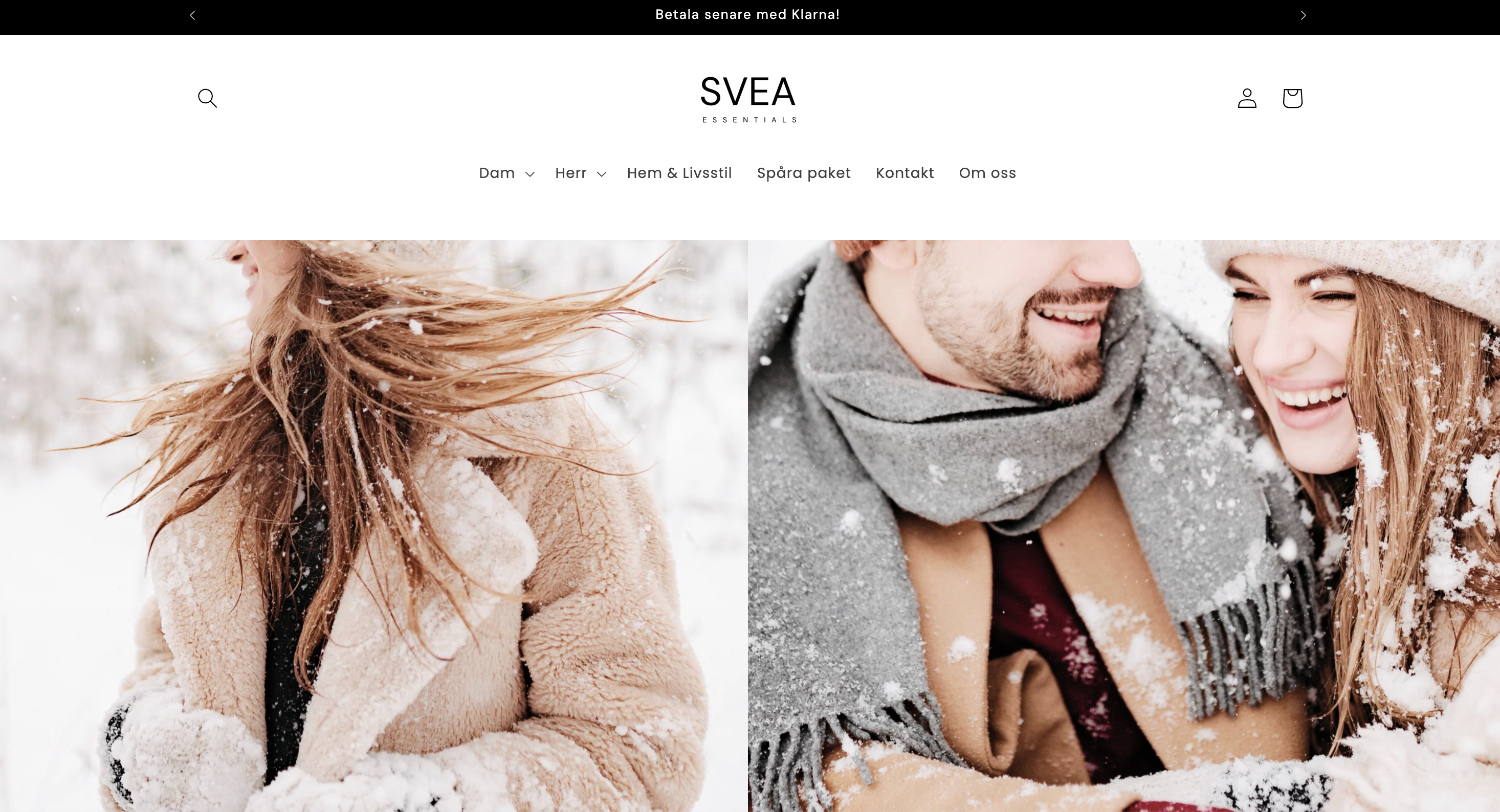 The Svea Essentials storefront home page, with its Swedish navigation and two winter photographs side by side.