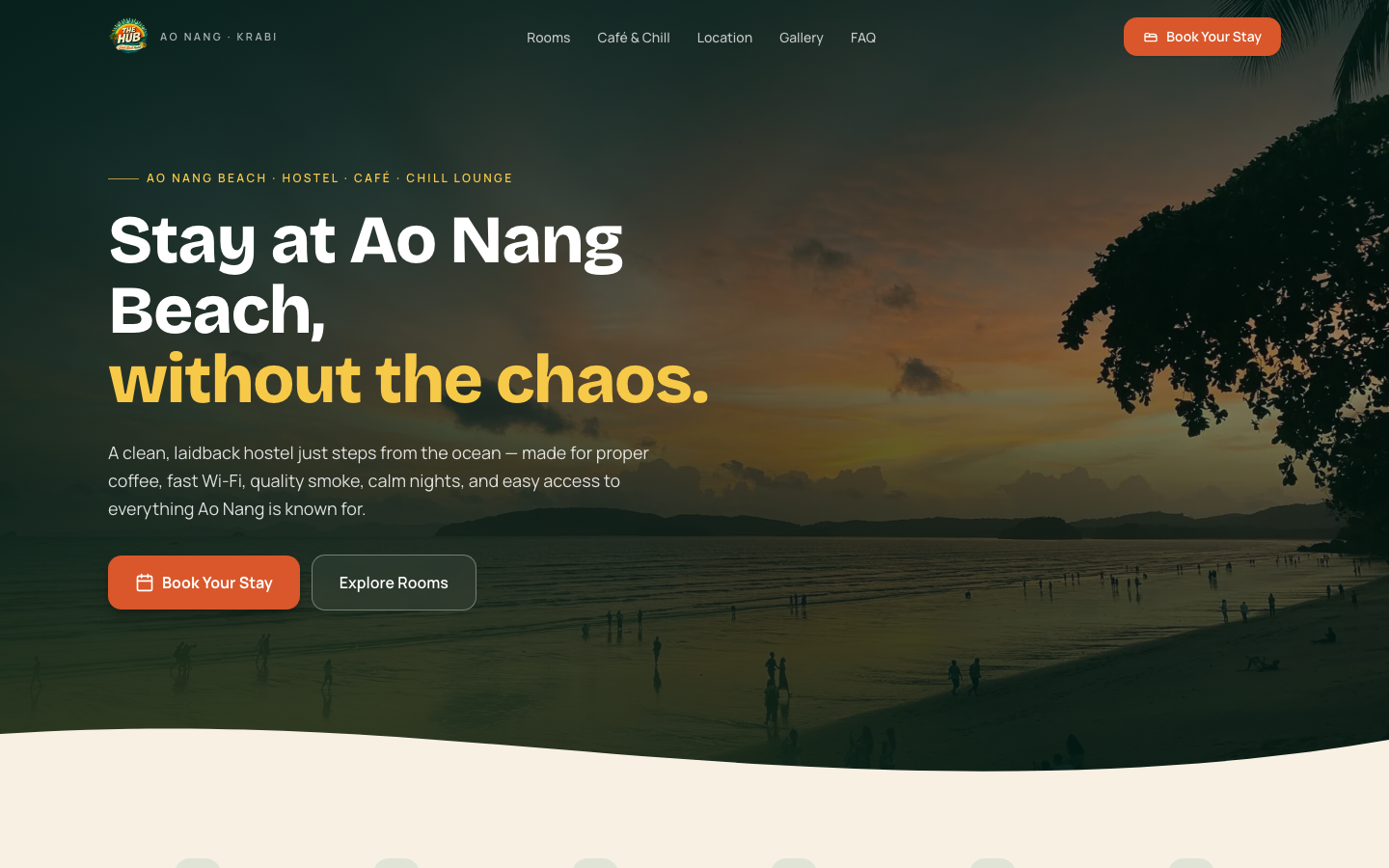 The Hub hostel home page, with an Ao Nang beach sunset and a prominent booking action.