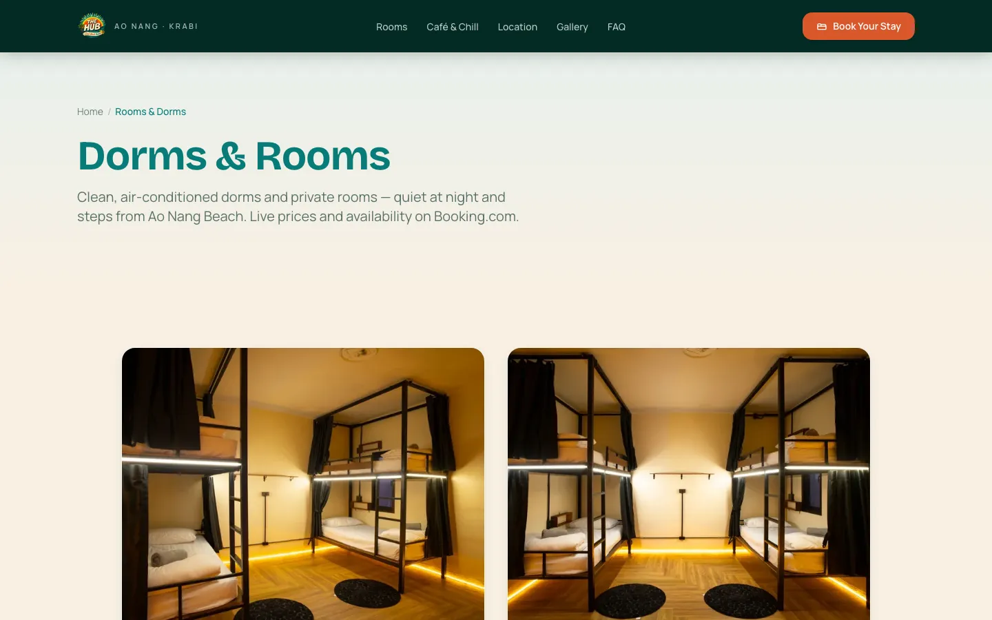 The Hub Laidback Hostel — The live Rooms page — clean, air-conditioned dorms and private rooms, with live prices and availability on Booking.com.
