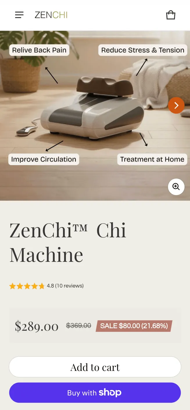 Zenchi mobile product page after the rebuild